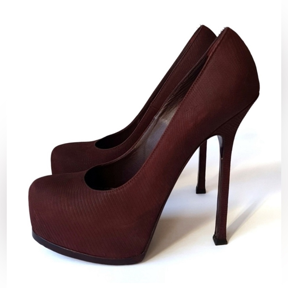 YSL Burgundy Pebbled Leather Platform Heels Size EU 37 - Picture 5 of 14